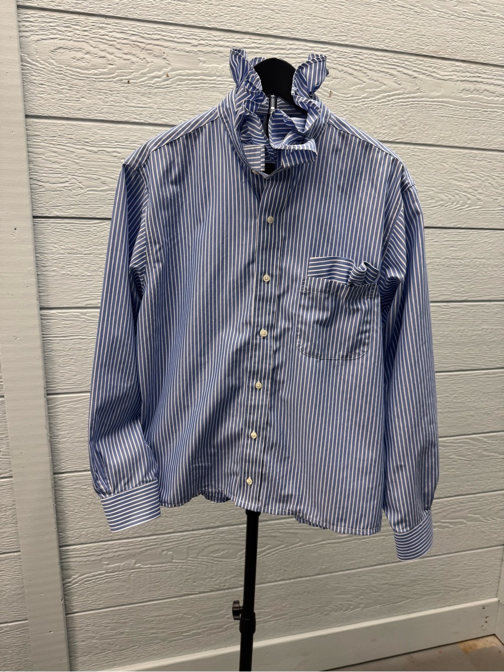 Reimagined men’s shirt for women  Blue Stripe Button-Up Shirt with Ruffle Collar